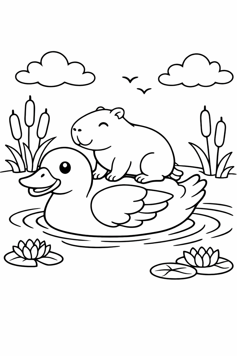 A calm capybara perching on the back of a big friendly duck paddling across a pond with ripples behind coloring page