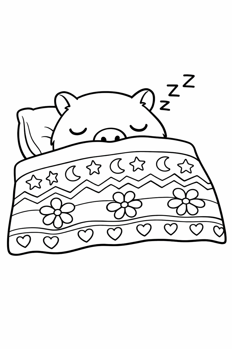A sleepy capybara tucked under a patterned blanket up to its nose with a little pillow beneath its head coloring page