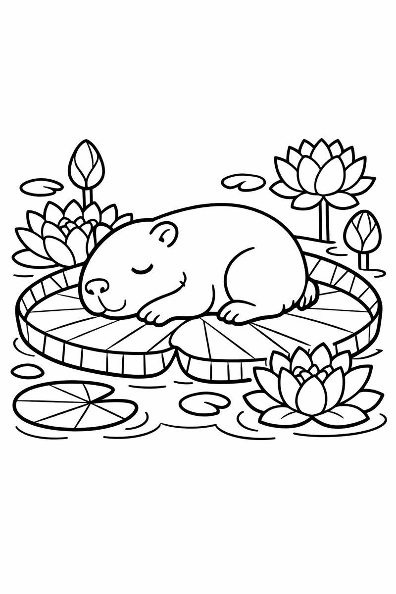 Dibujo de un capibara durmiendo sobre un nenúfar gigante entre flores de agua para colorear