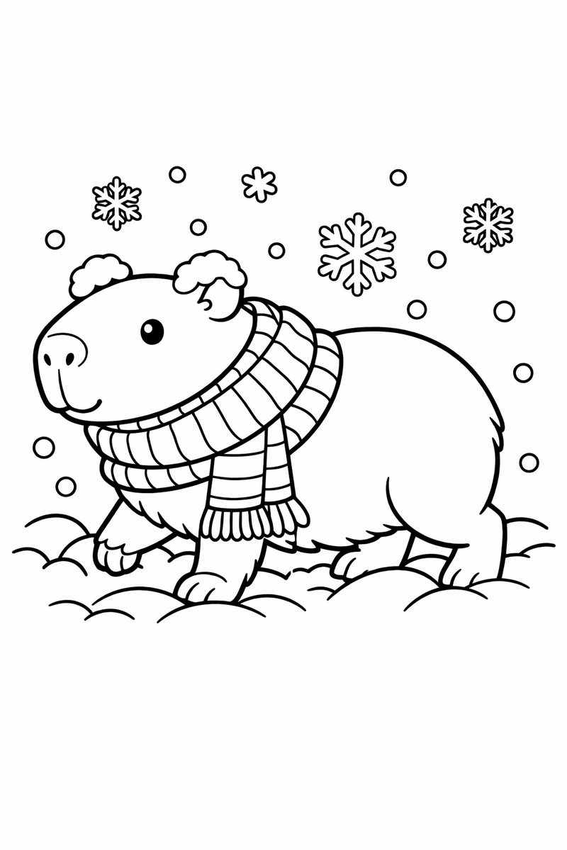 A bundled-up capybara in a knitted scarf plodding through the snow with flakes settling on its ears coloring page