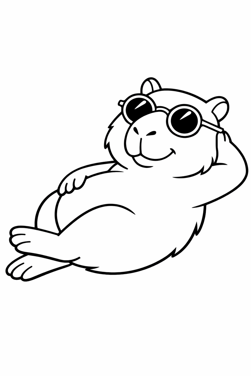 A cool capybara leaning back wearing round sunglasses with one paw tucked behind its head coloring page