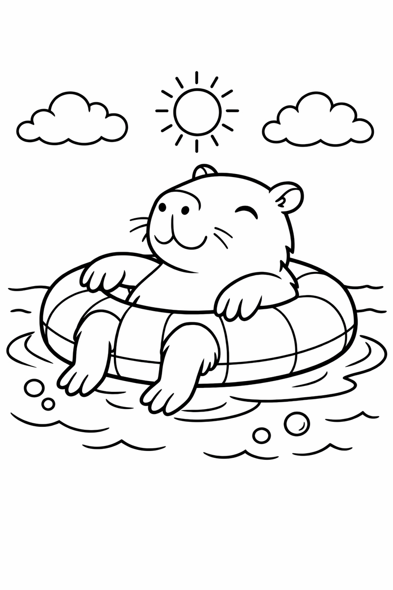 A carefree capybara floating on a round inflatable ring in the water with its paws dangling over the sides coloring page