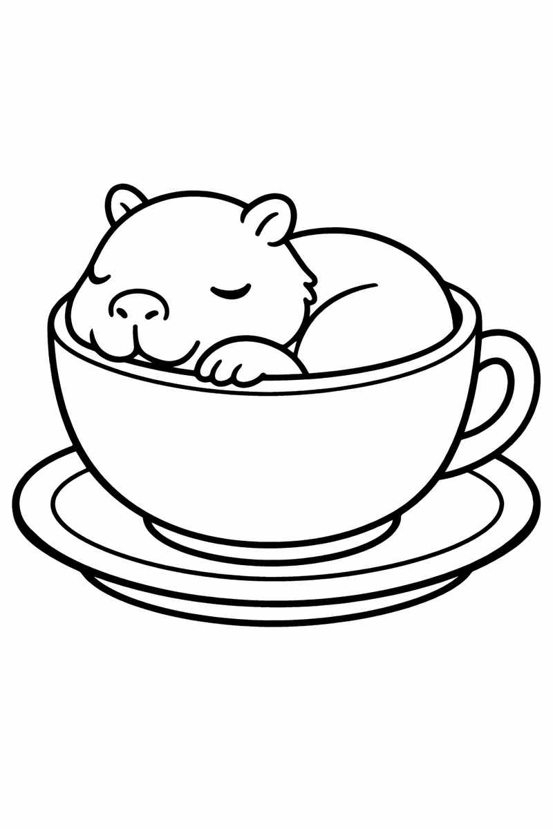 A tiny capybara curling up cozily inside a rounded teacup with its chin on the rim over a saucer coloring page