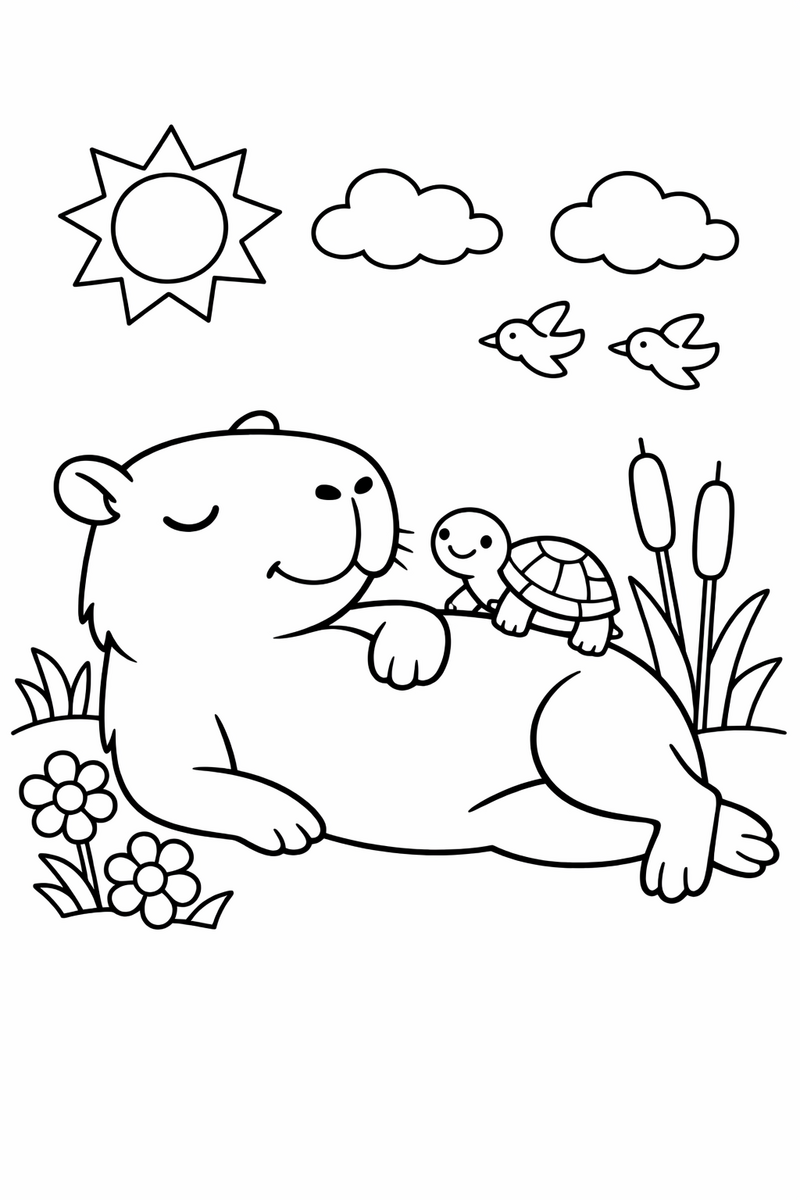 Dibujo de capibara tranquila con una tortuguita para colorear