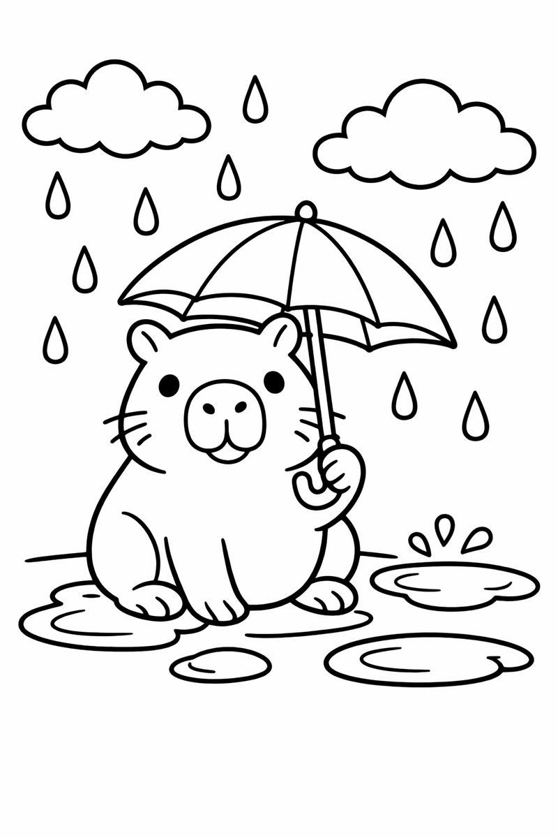 Dibujo de un capibara bajo un paraguas disfrutando de la lluvia con charcos para colorear