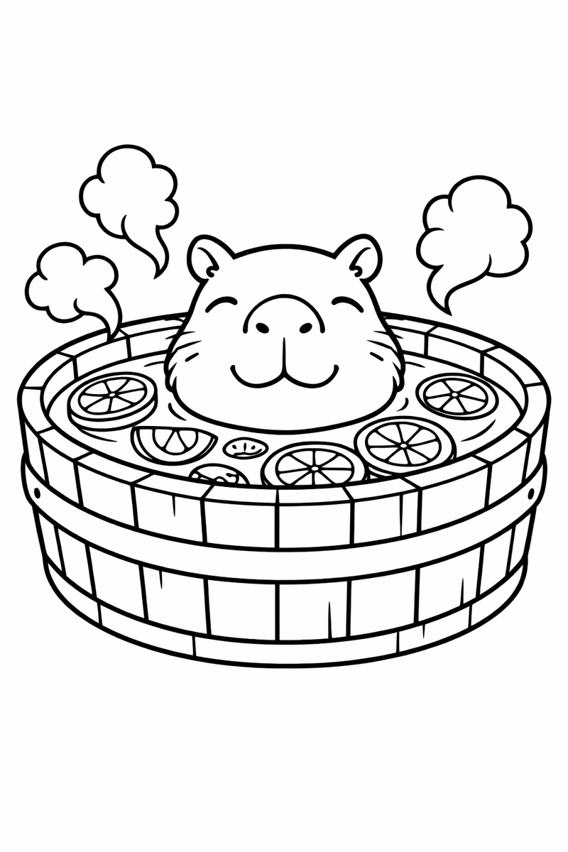 A blissful capybara soaking up to its chin in a wooden tub full of floating citrus fruits with steam coloring page