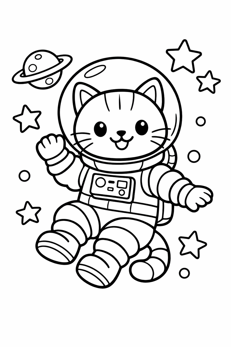 A cat wearing a bubble-domed space helmet and a puffy astronaut suit floating among stars and a little planet coloring page
