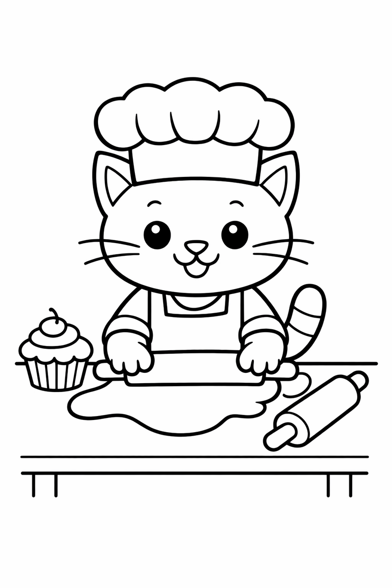 A cat wearing a chef hat and apron rolling dough at a table with a cupcake and a rolling pin as a cheerful baker coloring page