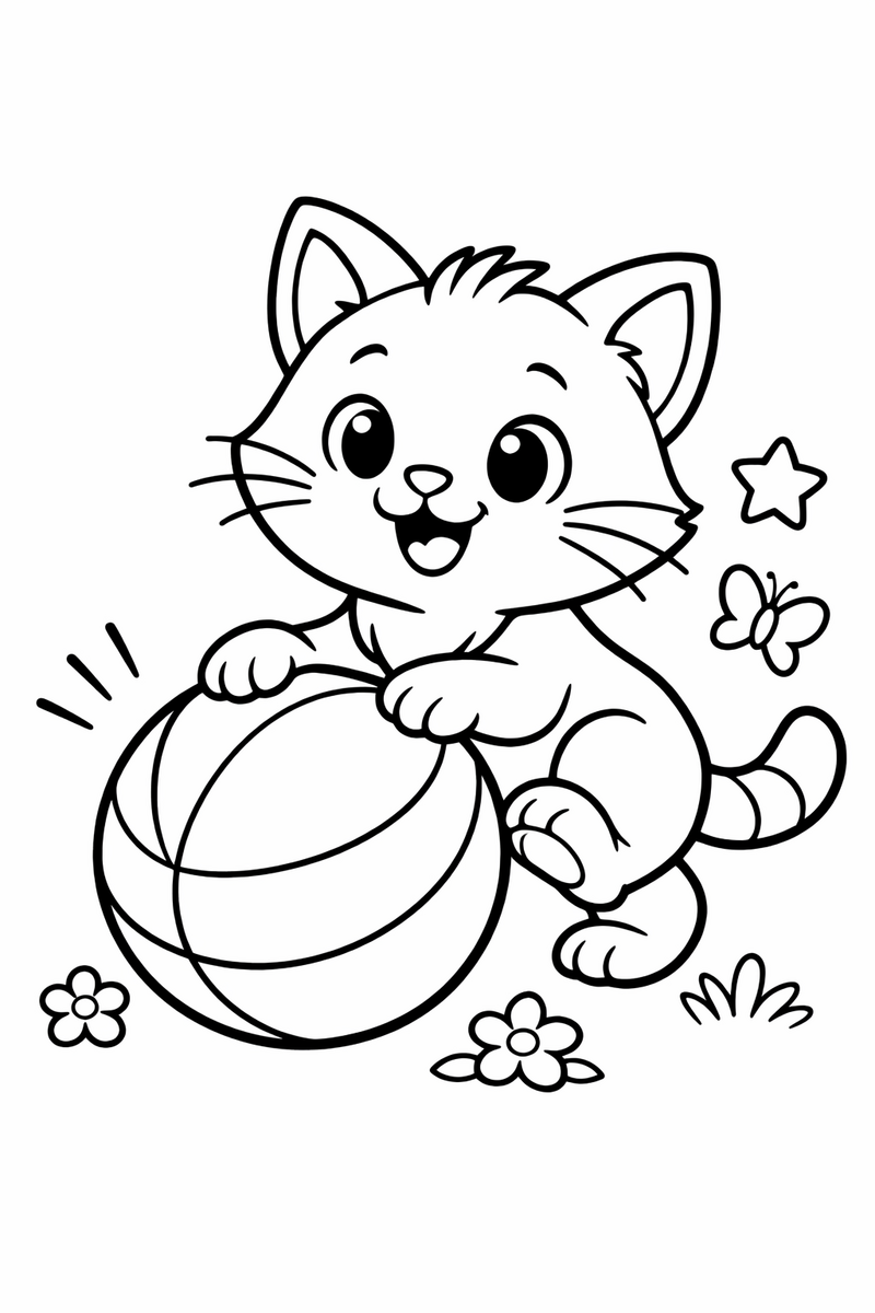Cat playing with a bouncy ball coloring page