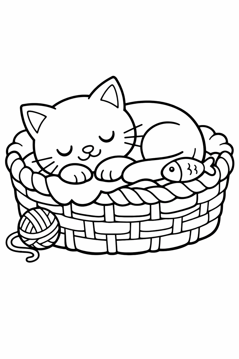 Cat sleeping in a cozy woven basket coloring page