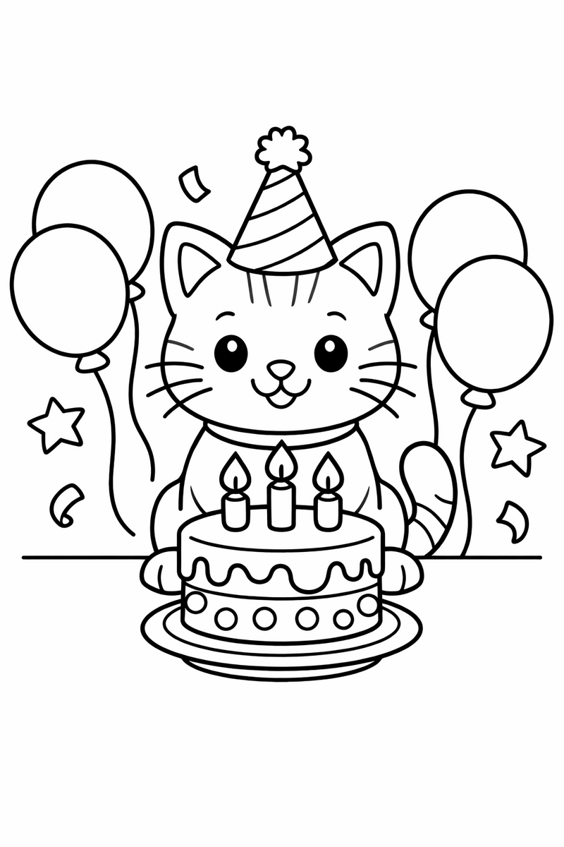 Cat with a birthday hat, cake and balloons coloring page