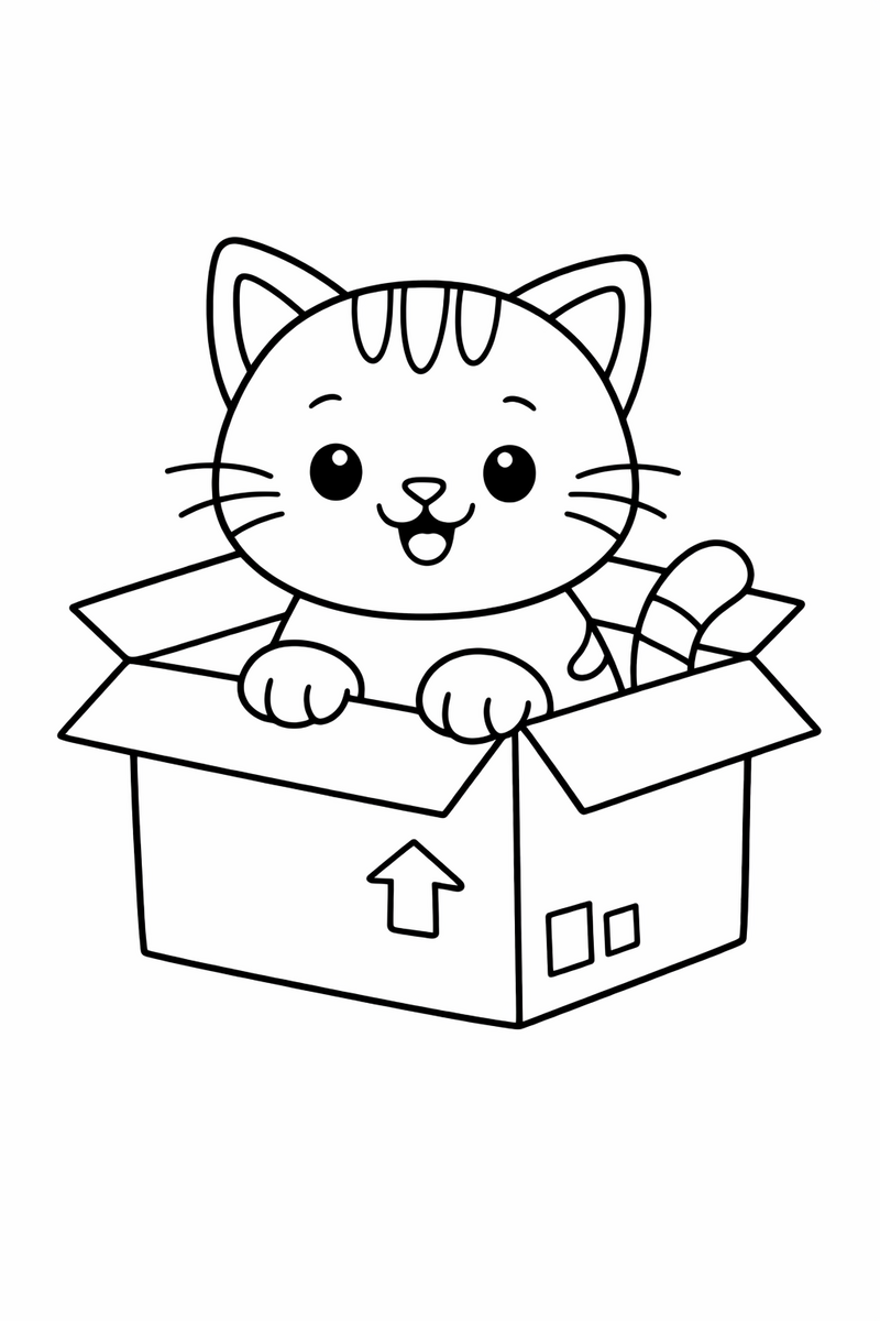 Cat sitting inside a cardboard box coloring page