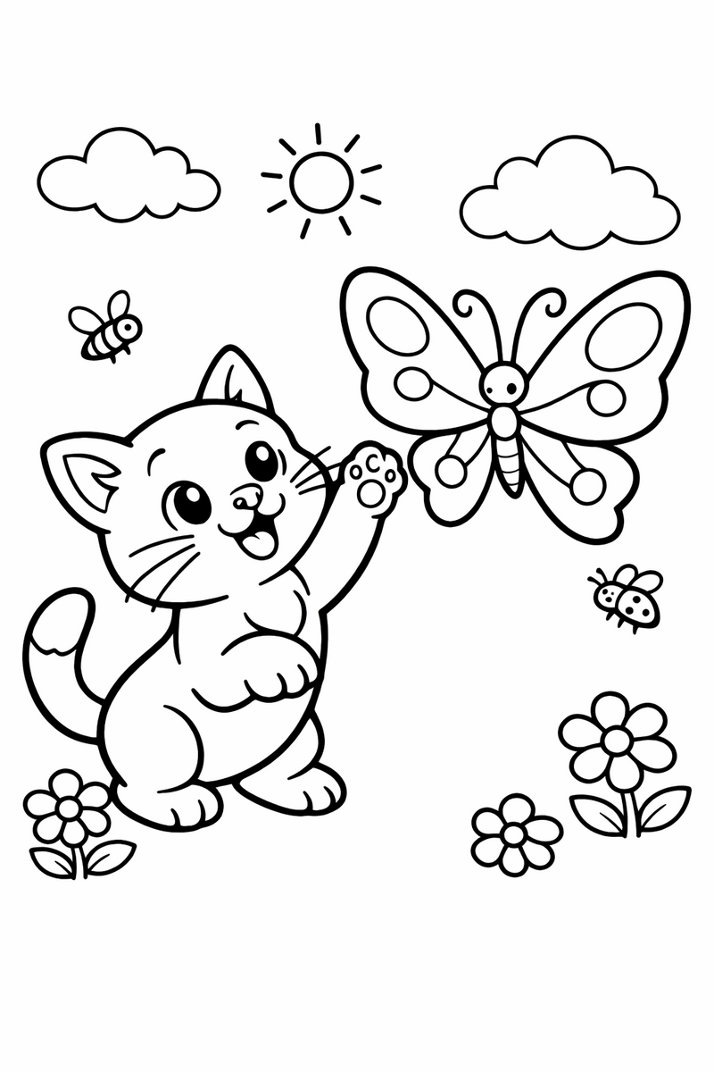 Kitten reaching for a big butterfly coloring page