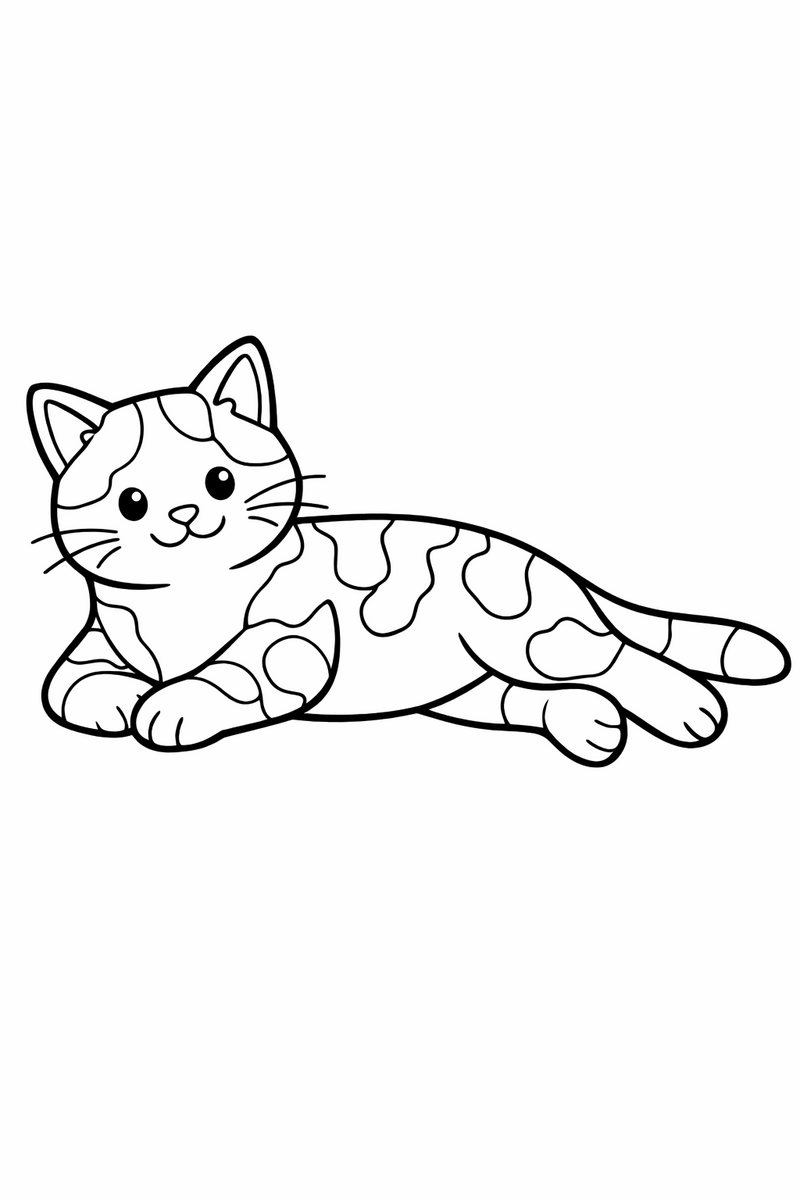 A calico cat with three-color patched markings all over its coat lounging on its side with paws stretched out and tail relaxed coloring page