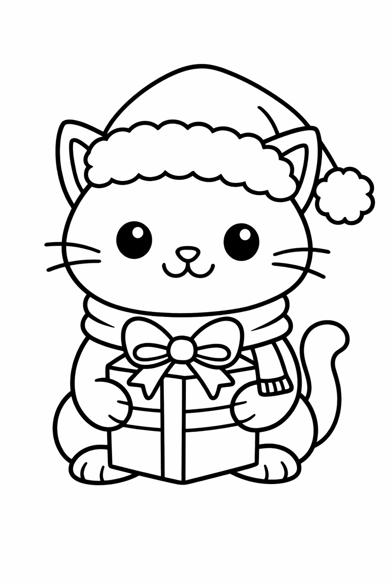 Cat wearing a Santa hat with a gift coloring page