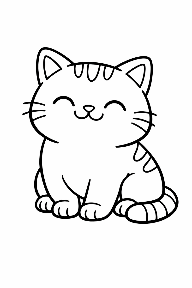 Chubby happy cat sitting and smiling coloring page