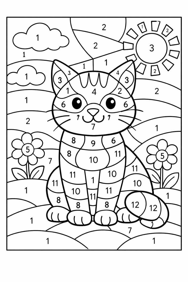 A seated cat outlined into many small numbered sections across its body and background ready to be filled by a color key color by number coloring page