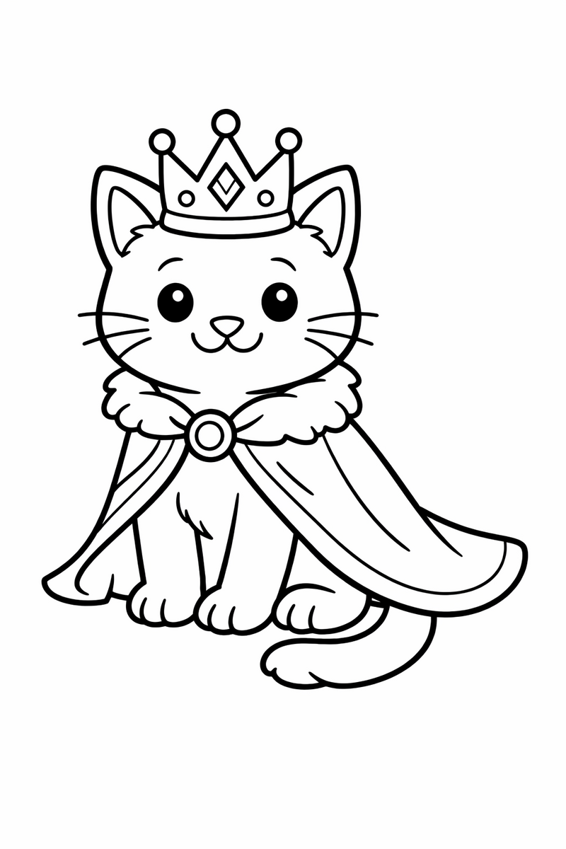 Cat wearing a crown and a cape coloring page