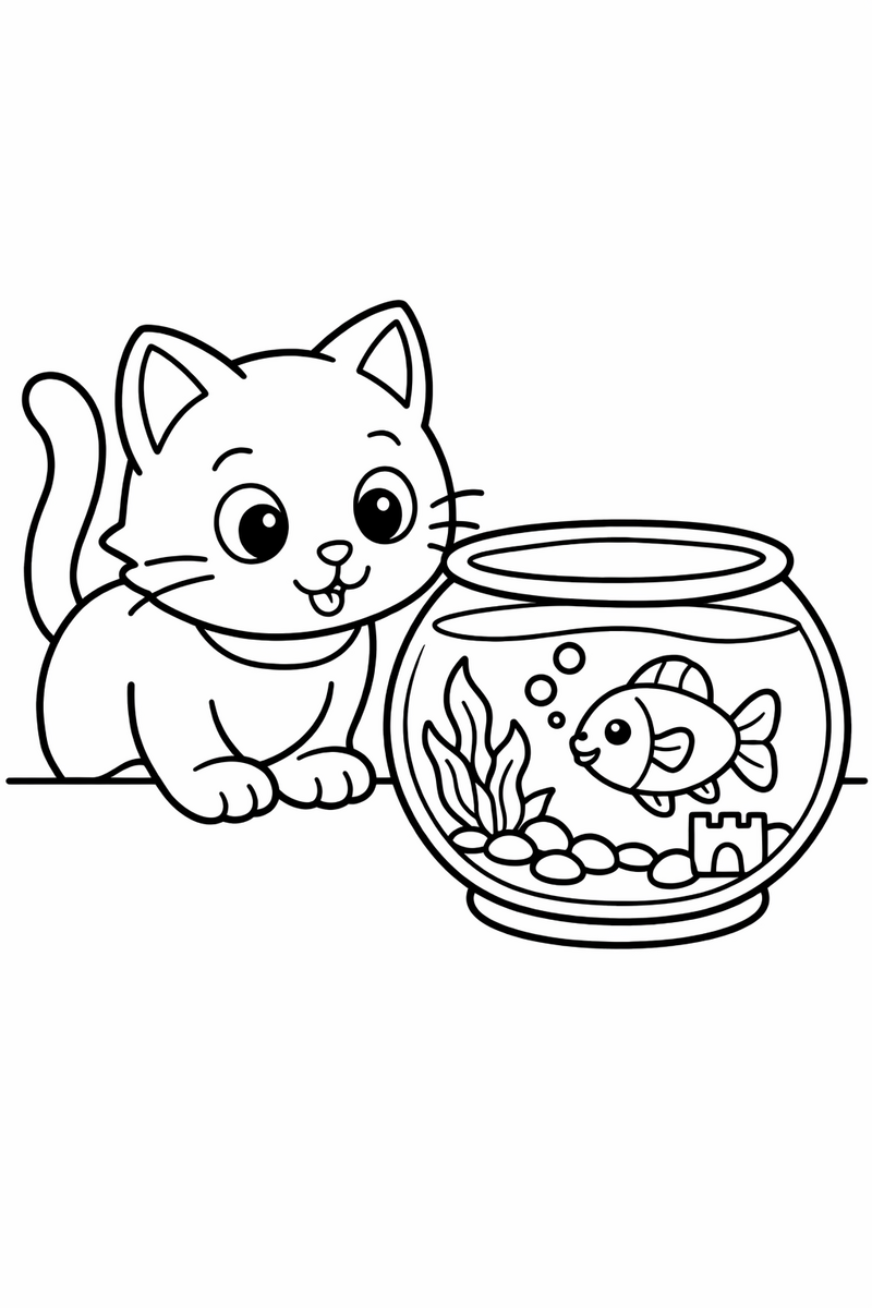 Curious cat looking at a fish bowl coloring page