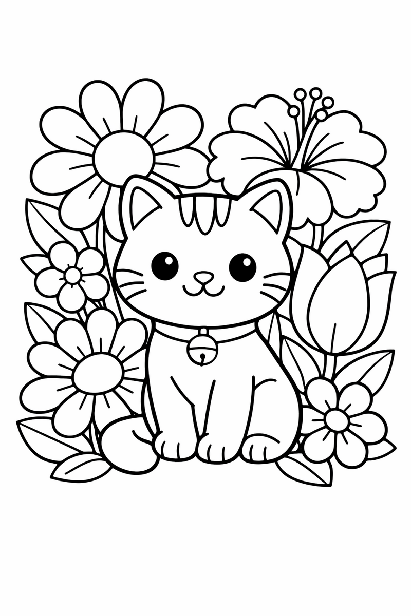 Cat sitting among big flowers coloring page