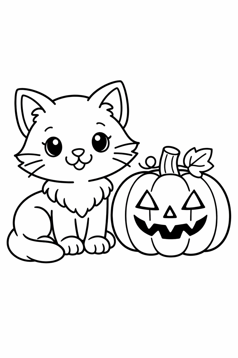 Cat sitting next to a Halloween pumpkin coloring page