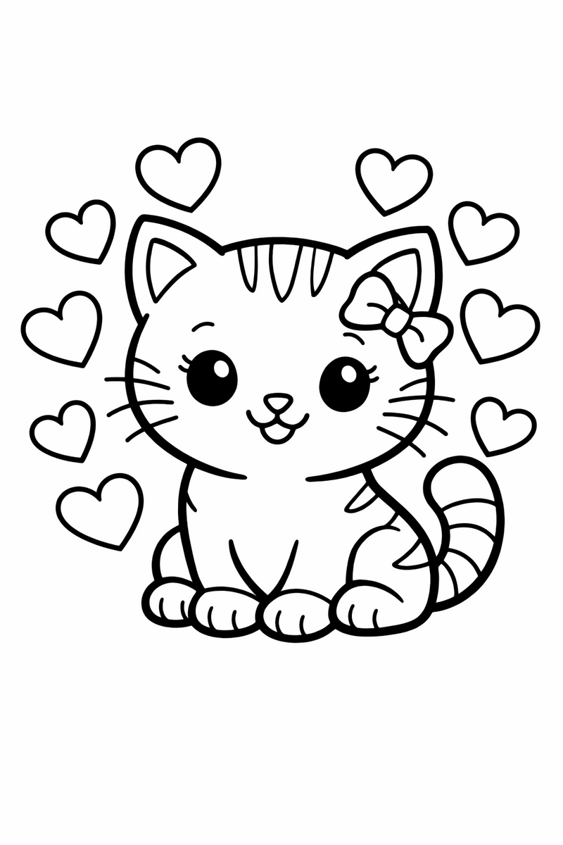 Cute cat surrounded by floating hearts coloring page