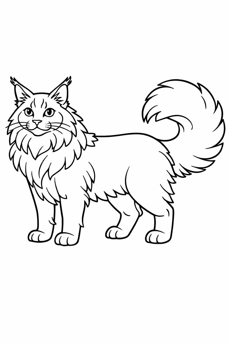 A large majestic Maine Coon cat with tufted ears, a shaggy ruff around its neck and a huge bushy tail standing proudly in profile coloring page