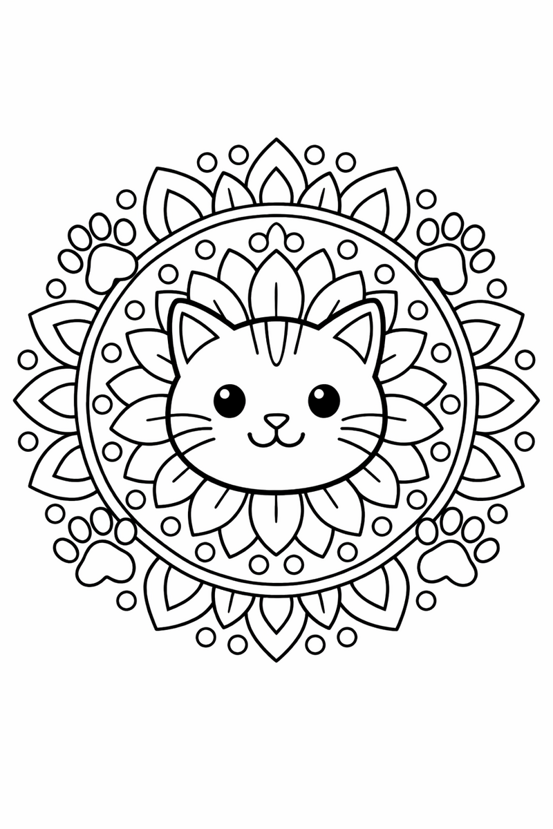 A cat face at the center of a round mandala with symmetrical rings of petals, paw prints and dots radiating outward coloring page