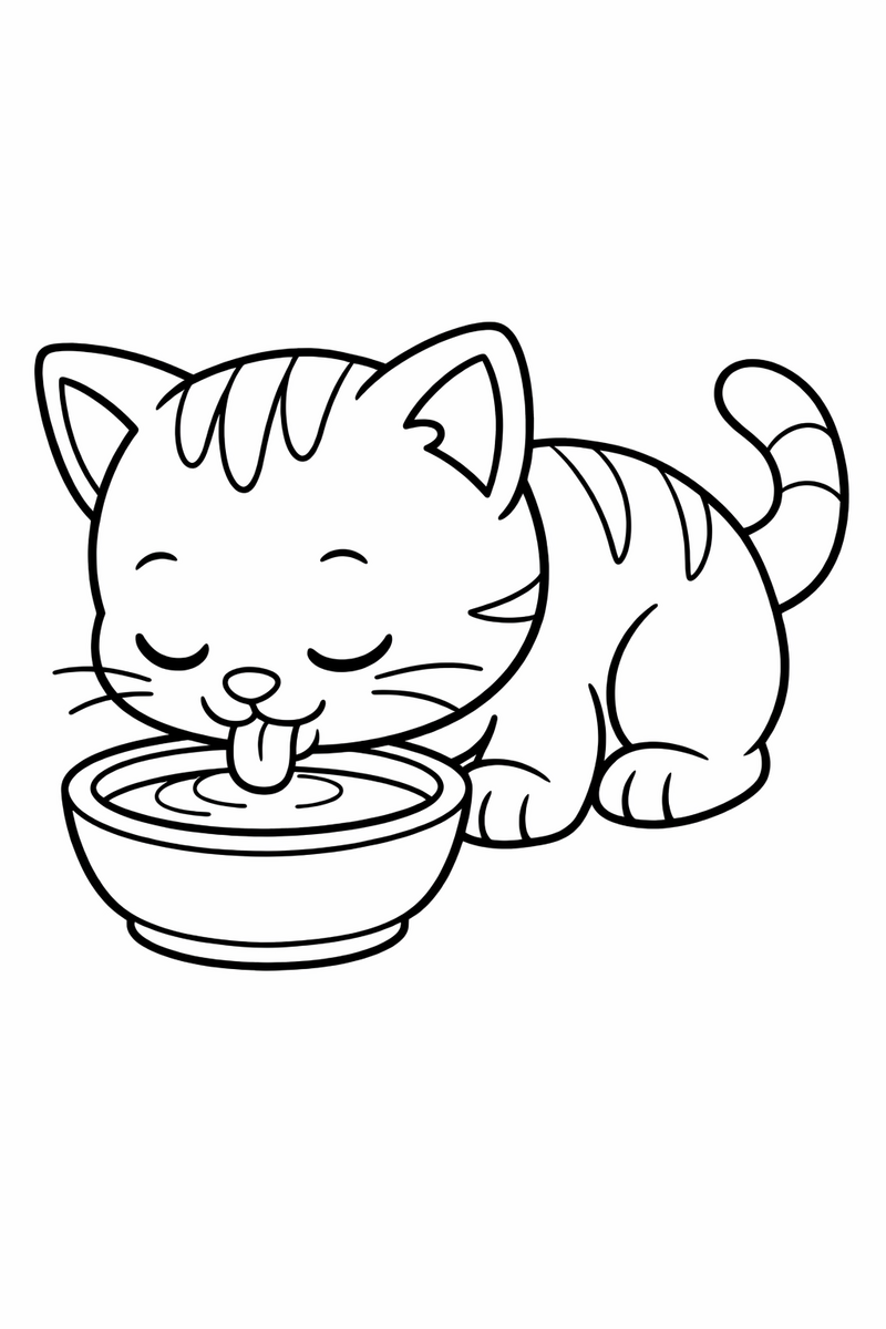Kitten drinking from a bowl of milk coloring page