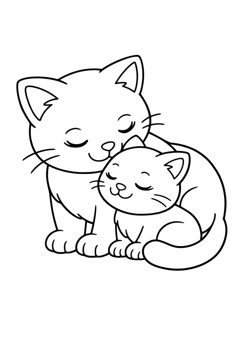 Mother cat nuzzling her kitten coloring page