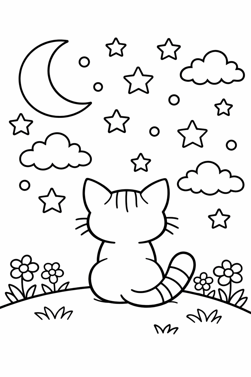 Cat watching the moon and stars coloring page