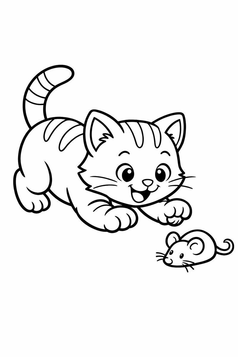 Kitten pouncing on a toy mouse coloring page