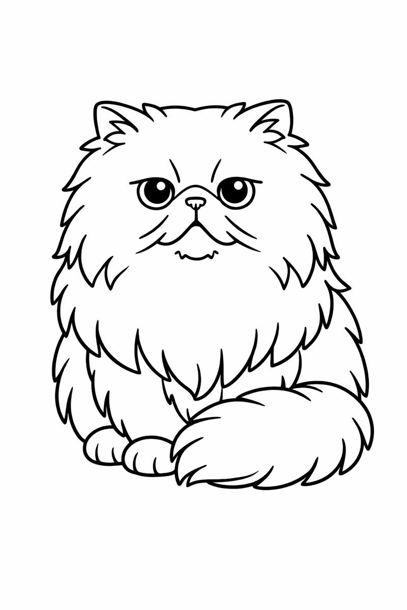 A fluffy Persian cat with a flat round face and a long luxurious coat sitting upright with its plumed tail curled around its paws coloring page