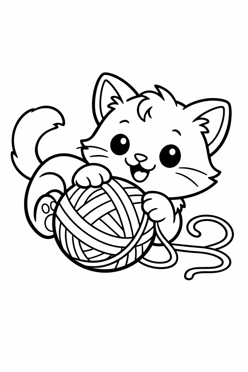 Playful kitten playing with a ball of yarn coloring page