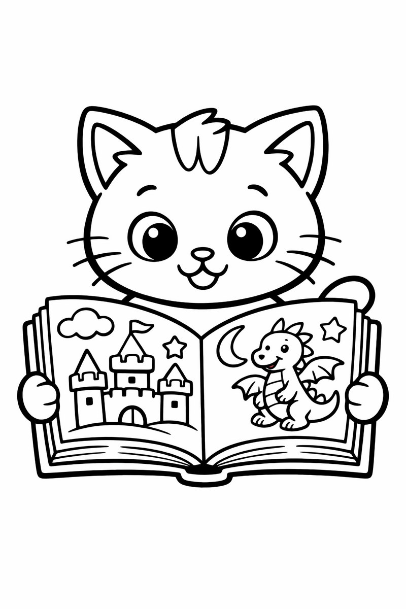 Cat reading an open storybook coloring page