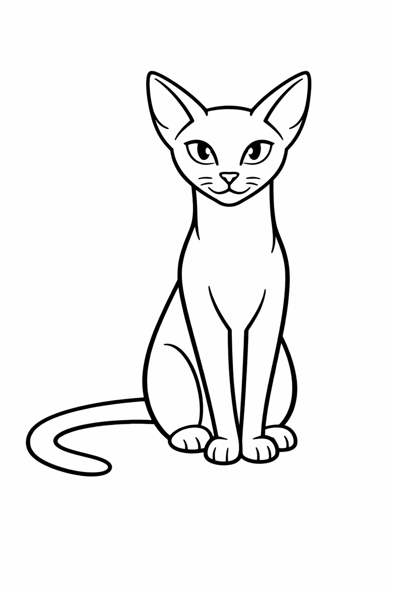 A slender Siamese cat with a wedge face, large pointed ears and almond eyes seated gracefully with a long thin tail sweeping to one side coloring page