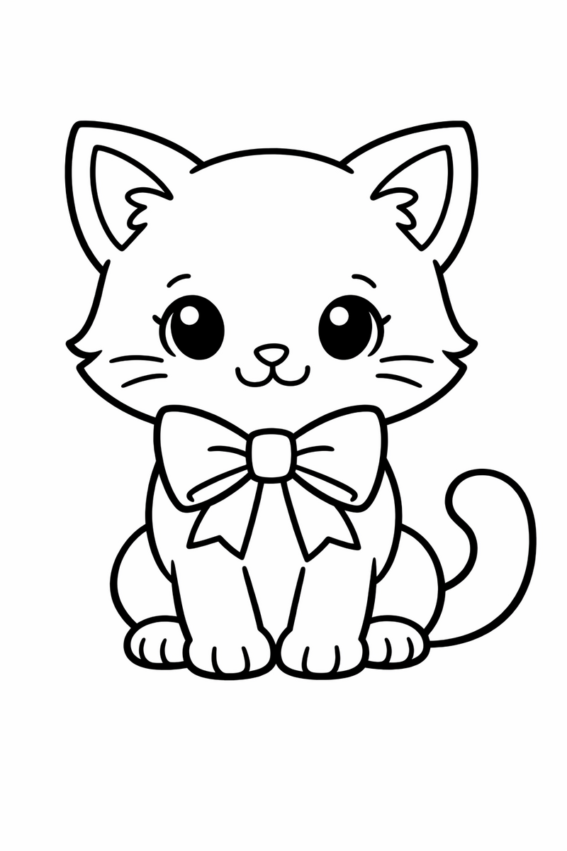 Cute sitting cat wearing a ribbon bow coloring page