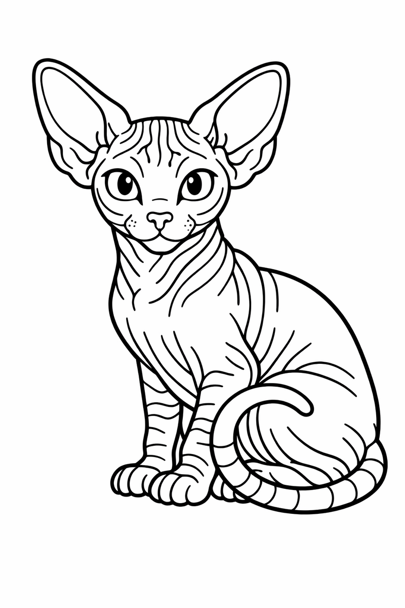 A hairless Sphynx cat with wrinkled skin, oversized bat-like ears and a wiry tail curled around its slim body sitting alert coloring page