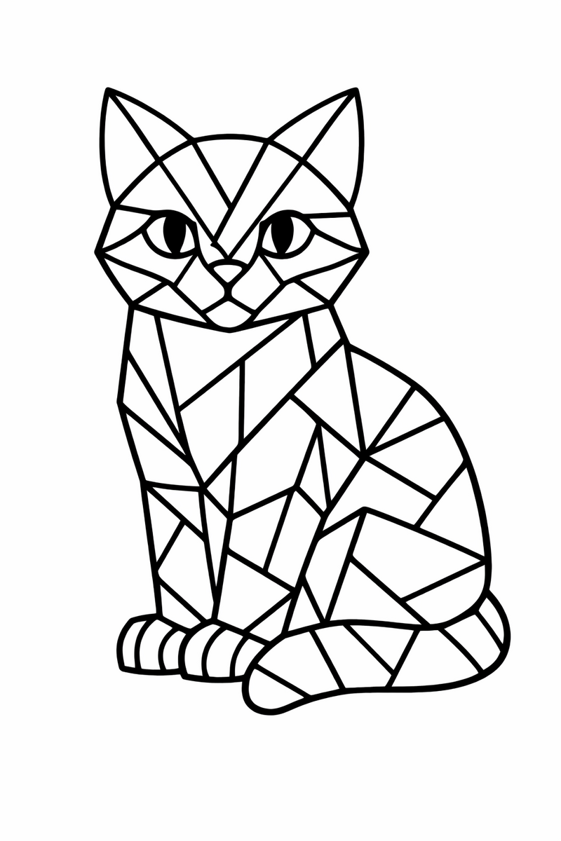 A sitting cat built from bold geometric shards like a stained glass window with thick leading lines separating every panel coloring page