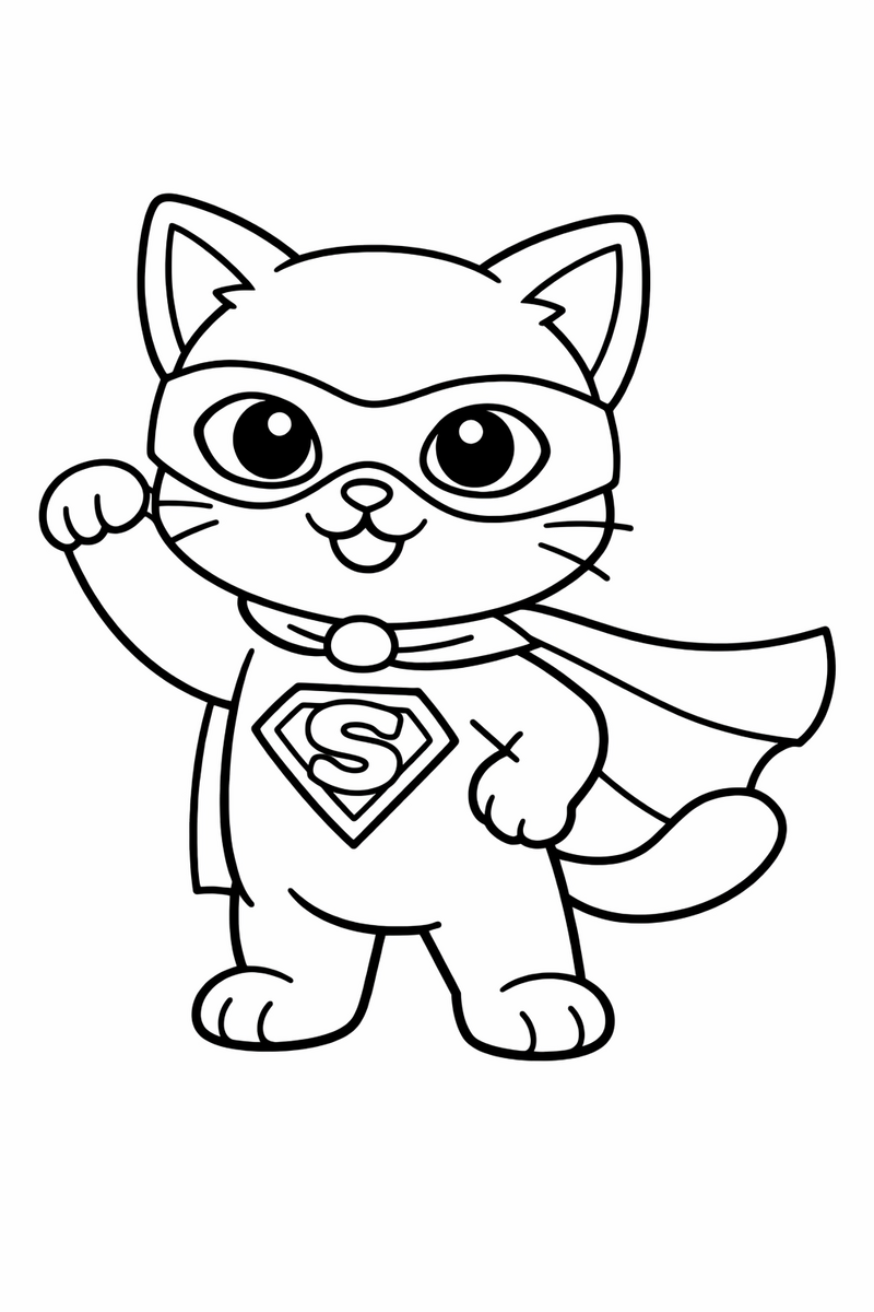 Kitten wearing a superhero cape and mask coloring page
