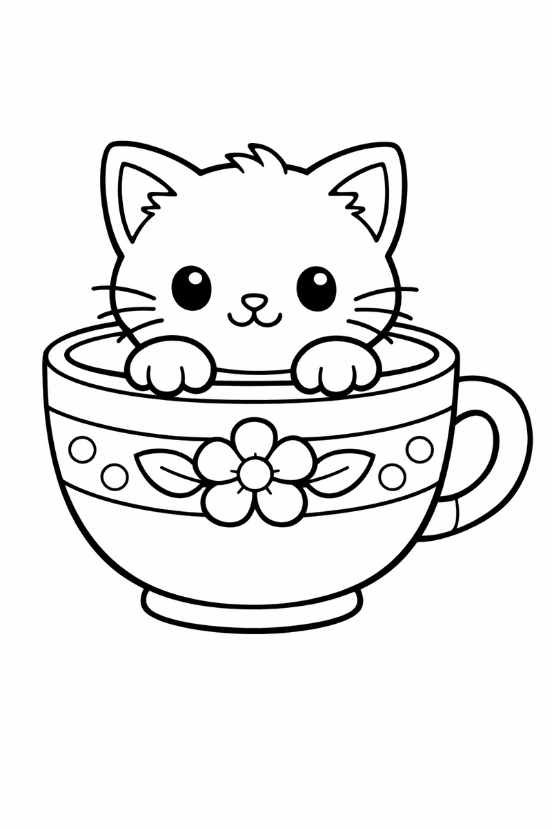 Tiny kitten peeking out of a teacup coloring page