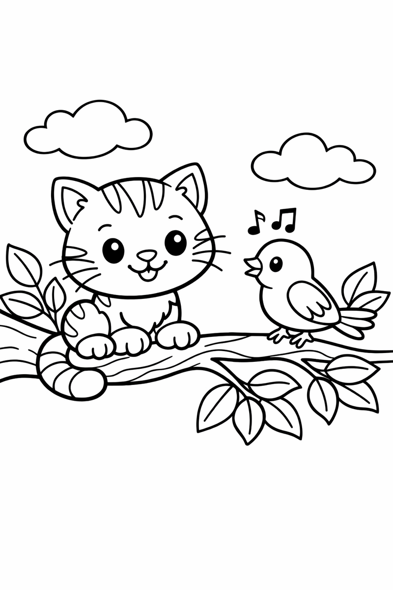 Kitten on a leafy tree branch with a bird coloring page