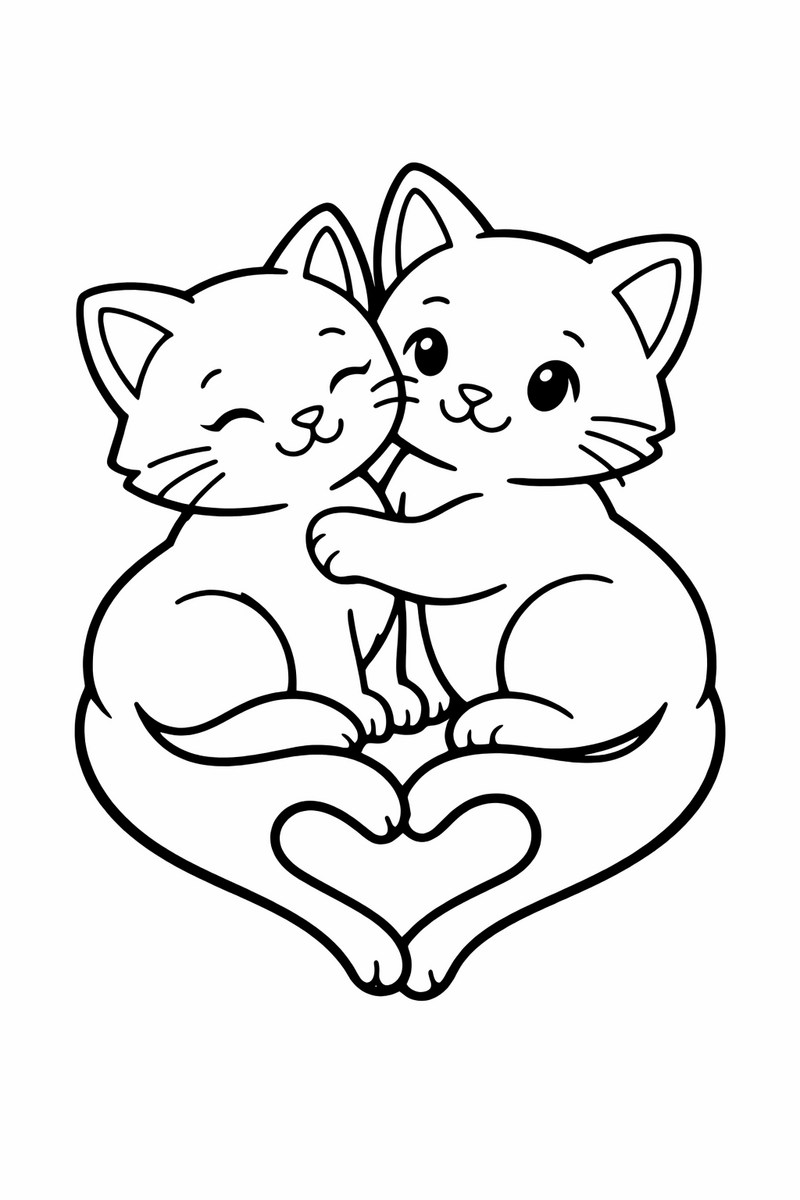 Two cats cuddling with tails making a heart coloring page