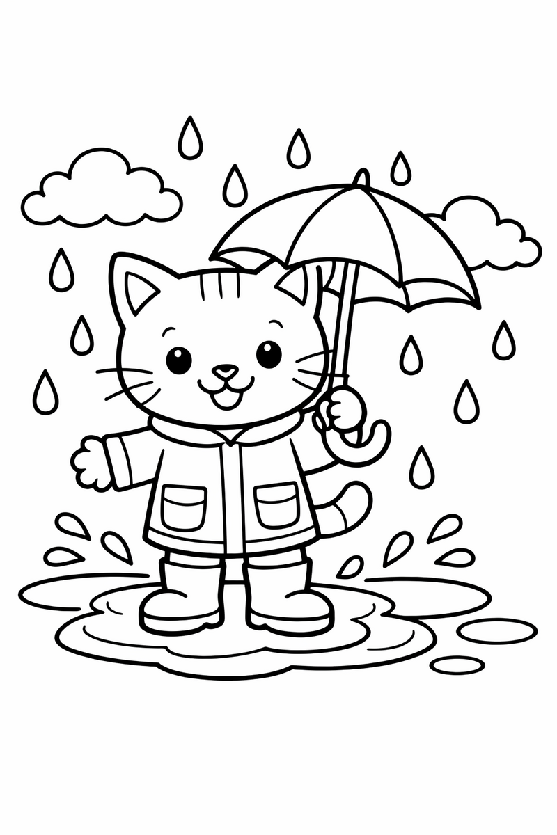 Cat holding an umbrella in the rain coloring page