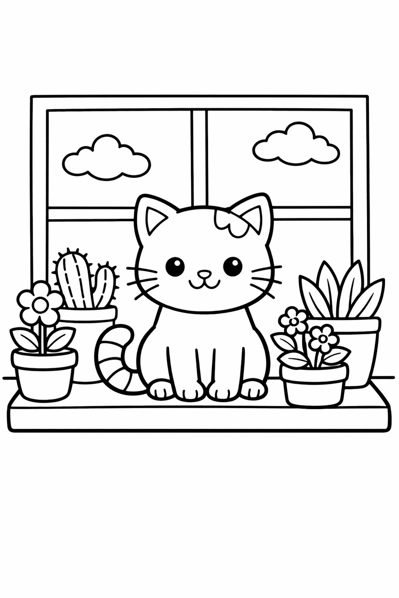 Cat on a windowsill with potted plants coloring page