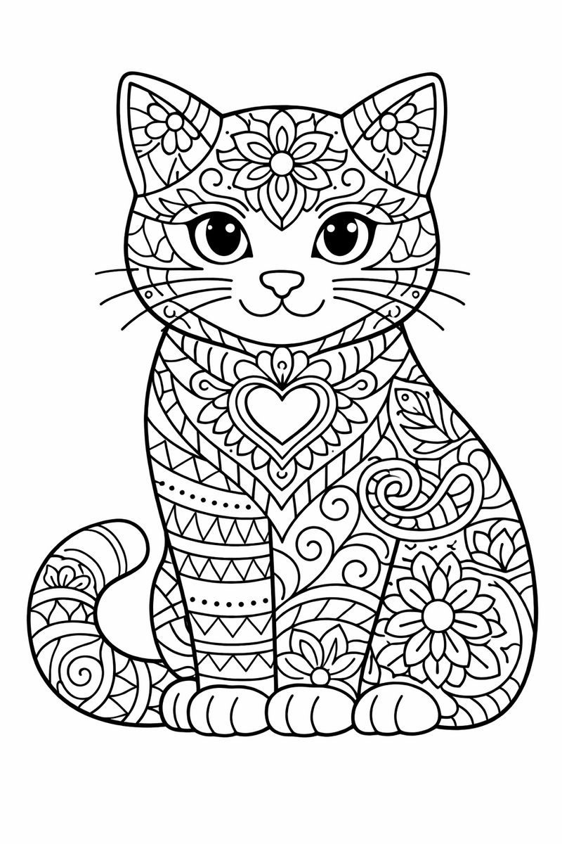 Intricate cat with detailed patterns for adults and older kids coloring page