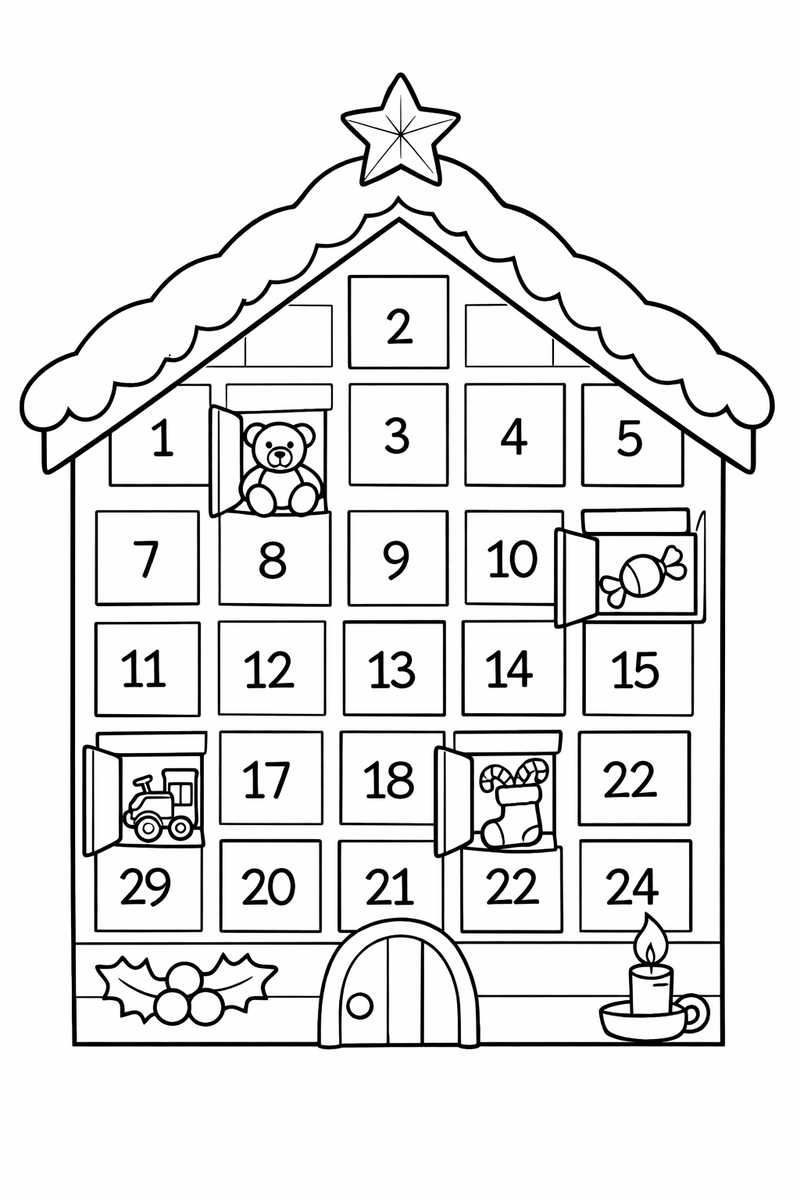 A house-shaped advent calendar with a grid of little numbered doors, a few standing open to show tiny toys and candies, topped with a snowy roof and a star coloring page