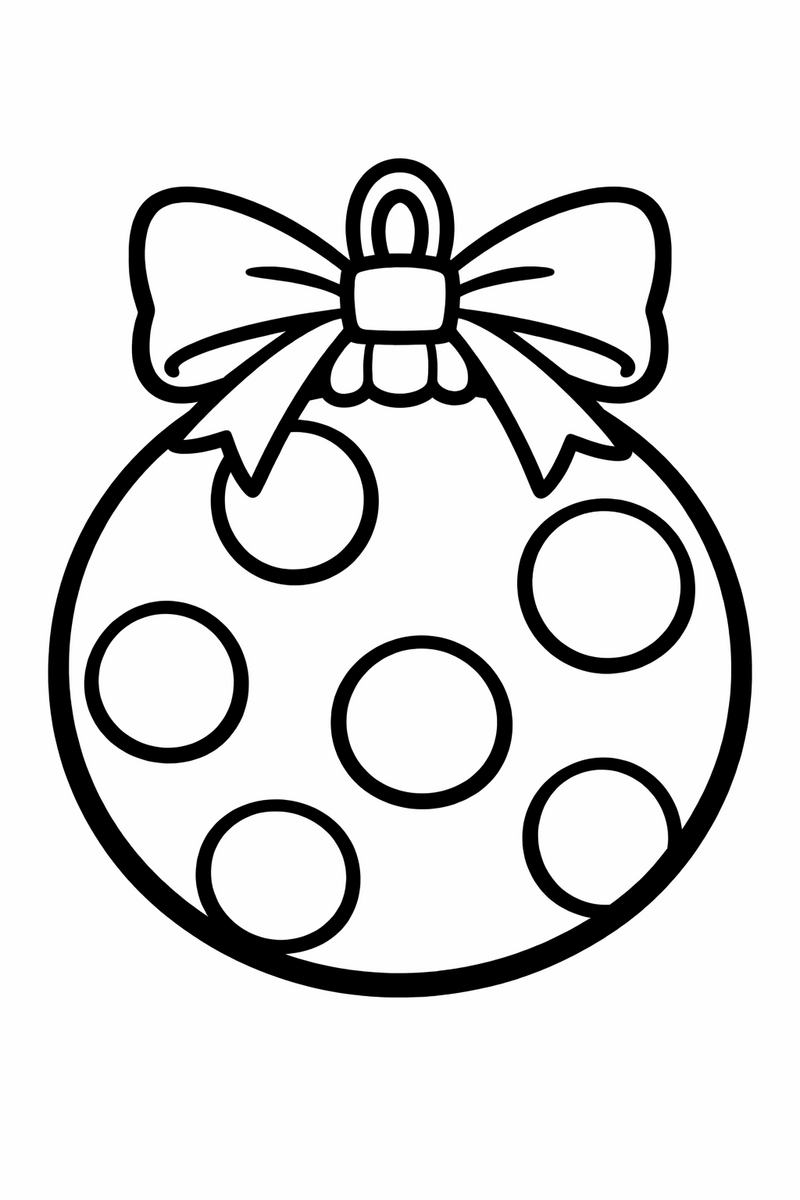 Dibujo muy fácil de una esfera de Navidad grande con moño y lunares, con líneas extra gruesas, para los más pequeños