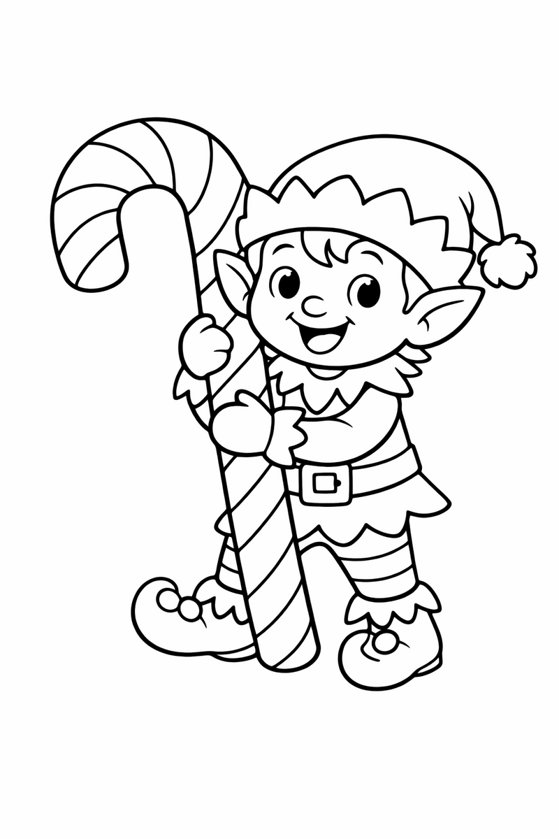Christmas Elf with a Candy Cane coloring page
