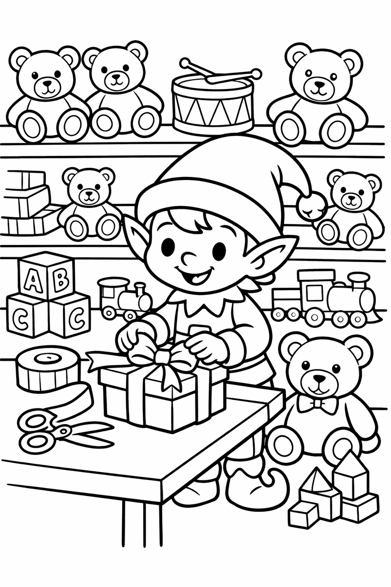 Dibujo de un duende alegre con gorro puntiagudo envolviendo un regalo en un taller lleno de ositos y juguetes, para colorear